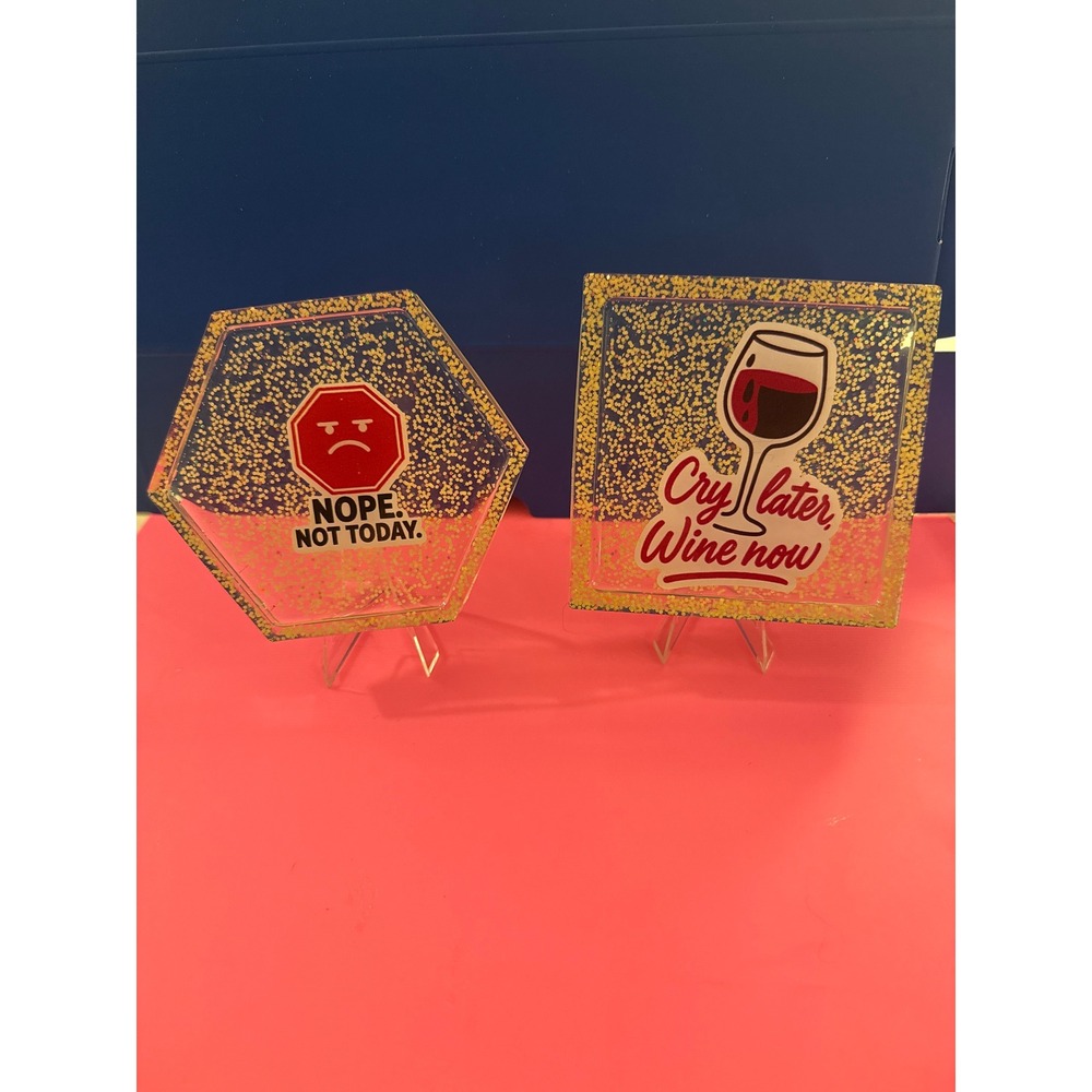 Handmade Resin Coaster Set Gold Glitter Nope Not Today Cry Later Wine Now 2pc